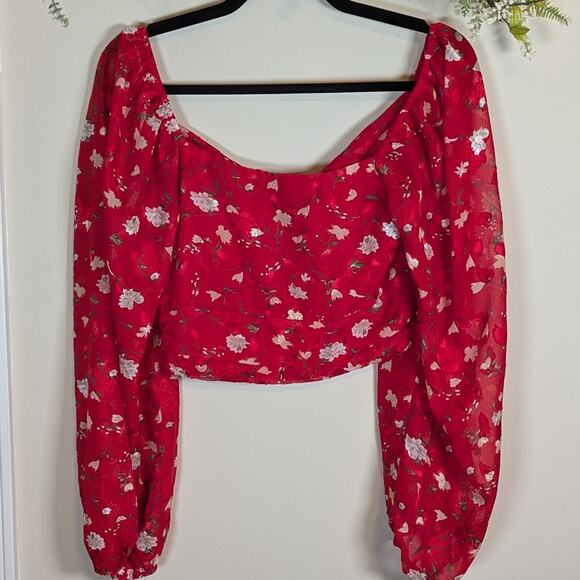 Lulu's red floral tie front long sleeve top - Picture 6 of 14